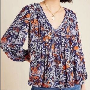 Anthropologie Maeve Cathy Pleated Blouse Jungle Print Animal Monkey Bird Small
